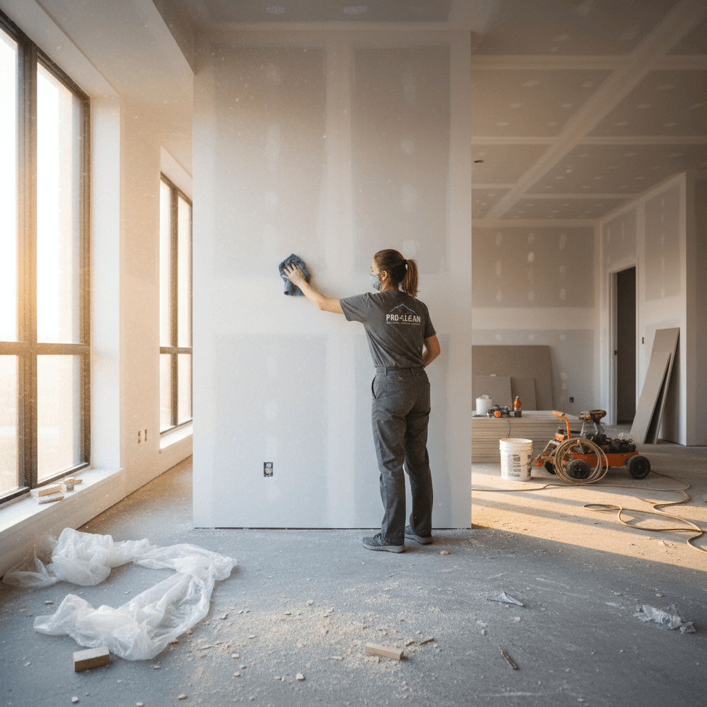 Post-construction cleaning in progress, worker wiping down drywall