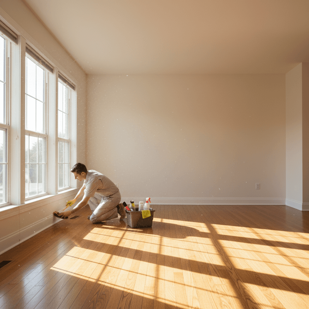 Professional cleaner detailing baseboards during move-out deep clean