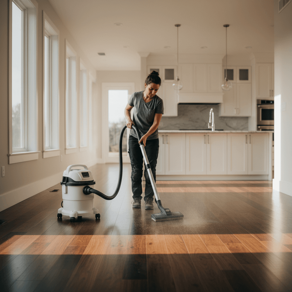 Professional cleaner vacuuming hardwood floors after renovation