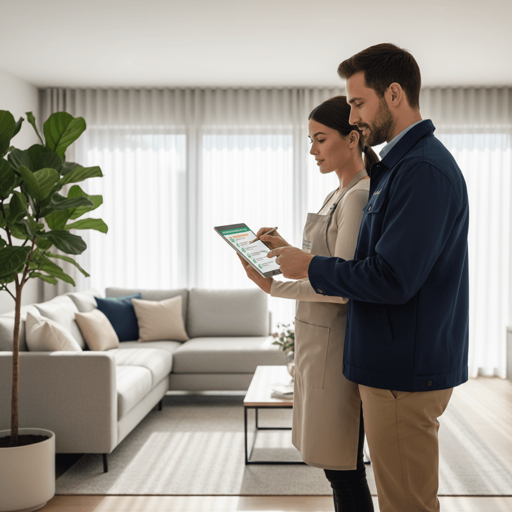 Contractor and cleaner reviewing project completion checklist